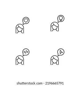 Monochrome elements perfect for adverts, stores, design etc. Editable stroke. Vector line icon set with symbols of heart, lamp, code, cursor inside of speech bubble by woman 