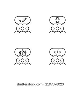 Monochrome elements perfect for adverts, stores, design etc. Editable stroke. Vector line icon set with symbols of pencil, cross, arrow, coding inside of speech bubble by users 