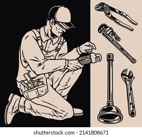 Monochrome elements set with plunger, adustable-end wrench, pipe cutter and plumber worker in tool belt crouching and using pipewrench, vector illustration