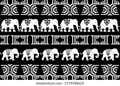 Padrão étnico de elefante monocromático com geometria em estilo de pixel preto e branco, inspirado em têxteis asiáticos tradicionais, design de vetor sem costura ideal para tecido, papel de parede e fundos gráficos modernos.