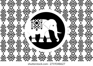 Einfarbiges Elefantenmuster mit kräftiger schwarz-weißer Pixelgeometrie, inspiriert von traditionellen asiatischen Textilien, nahtloses Vektordesign, ideal für Stoff, Tapeten und moderne grafische Hintergründe.