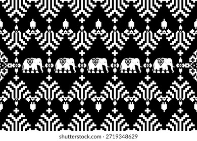 Patrón étnico de elefante monocromo con geometría de píxel en blanco y negro audaz, inspirado en textiles asiáticos tradicionales, diseño de Vector sin costuras ideal para telas, Fondo de pantalla y fondos gráficos modernos.