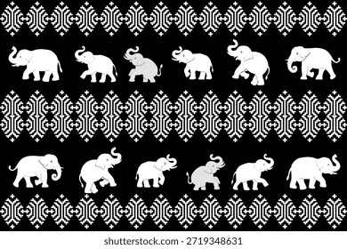 Patrón étnico de elefante monocromo con geometría de píxel en blanco y negro audaz, inspirado en textiles asiáticos tradicionales, diseño de Vector sin costuras ideal para telas, Fondo de pantalla y fondos gráficos modernos.