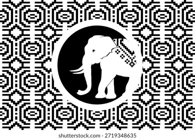 Monochrome elephant ethnic pattern with bold black and white pixel-style geometry, inspired by traditional Asian textiles, seamless vector design ideal for fabric, wallpaper, and modern graphic backgrounds.