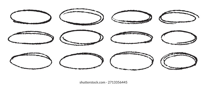 Monochrome ellipses and bubbles to encircle and highlight text. Hand drawn marker ovals set, outline and line art, isolated on monochrome. set, line art, outline, doodle hand.