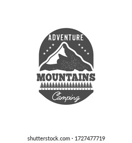 Monochrome emblem , adventure mountains camping , vintage camping and forest badge for camping decoration or printing. isolated Vector stock Illustration.