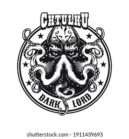 Monochrome emblem with Cthulhu head vector illustration. Vintage sign or sticker with engraving octopus myth creature. Horror and mythology concept can be used for sticker and badge