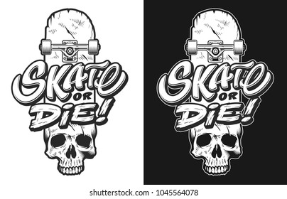 Monochrome emblem design with skull and skate, vector illustration