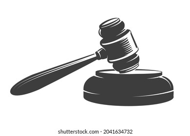 Monochrome Emblem of Judge Gavel. Law and Justice concept drawn in engraving style isolated on white. Vector illustration