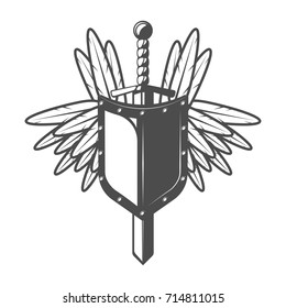 Monochrome emblem logo with shield and sword isolated on white background vector