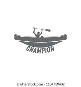 Monochrome emblem of man in canoe. Badge of person in canoe holding an oar and inscription "champion". Vector Stock Illustration