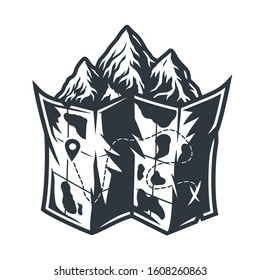 Monochrome emblem map and mountain for camping, travel