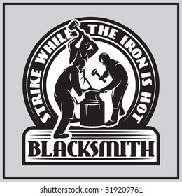 monochrome emblem in retro style with three blacksmiths working in the smithy