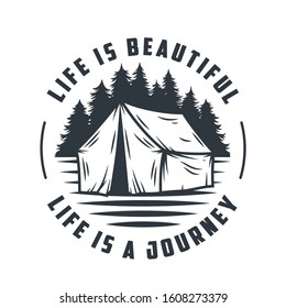 Monochrome emblem tent and forest for camping