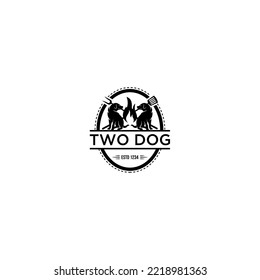 Monochrome emblem with two dogs and barbecue flames vector illustration