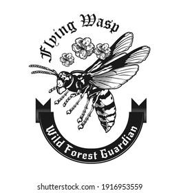 Monochrome emblem with wild wasp looking for prey vector illustration. Retro tattoo with flying wasp. Dangerous insects and fauna concept can be used for retro template, banner or poster