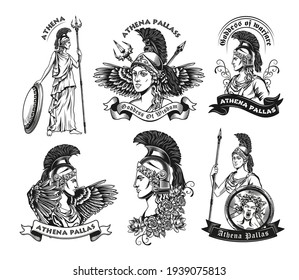 Monochrome emblems with Athena vector illustration set. Vintage logotypes with goddess of wisdom in armor. Mythology and ancient Greece concept can be used for stickers and badges