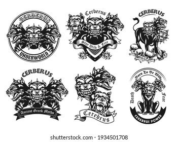 Monochrome emblems with Cerberus vector illustration set. Vintage logotypes with three headed ancient myth dog. Mythology and fantastic creatures concept can be used for stickers and badges svg