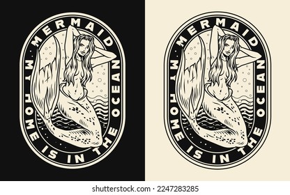 Monochrome emblems with mermaid on a black and white background. T-shirt design vintage style vector illustration