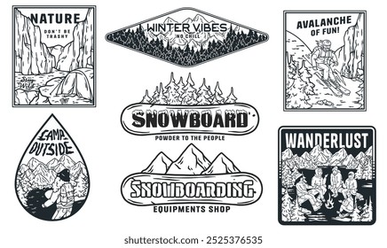 Monochrome emblems of winter sports, camping, and nature evoke adventure and freedom