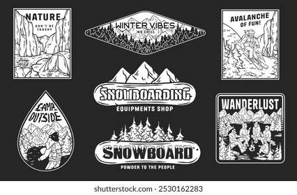 Monochrome emblems of winter sports, camping, and nature evoke adventure and freedom