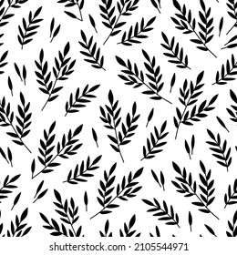 Monochrome endless seamless floral pattern with leaves in doodle style