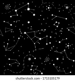 Monochrome endless texture of night sky with constellations, zodiacs, stars. Seamless pattern of galaxy in black, white and grey colors for your design.