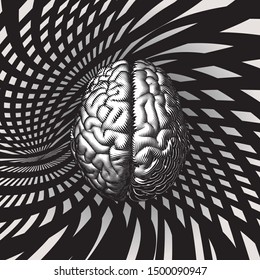 Monochrome engraved drawing human brain illustration on retro hypnotic line illusion pattern background