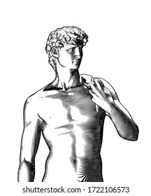 Monochrome engraved drawing portrait of David Michelangelo art sculpture front view vector illustration isolated on white background