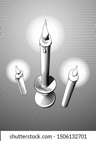 Monochrome engraved vintage drawing candle and fire illuminated with candlestick holder from high angle camera top view illustration glowing on dark gray line art background