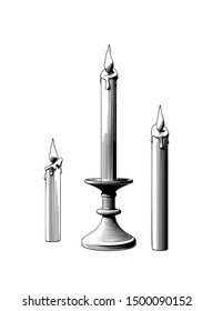 Monochrome engraved vintage drawing candles and fire with candlestick holder  illustration isolated on white background