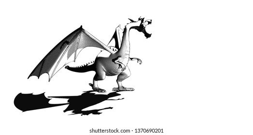 Monochrome engraving drawing back of the dragon illustration isolated on white background