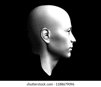 Monochrome engraving drawing bald human head in side view illustration isolated on black background