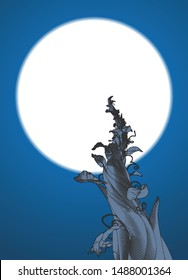 Monochrome engraving drawing beanstalk worm eye view growing to the moon illustration isolated on night blue background