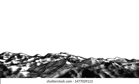 Monochrome engraving drawing wavy stomy ocean or ground  isolated on blank white space background  can use as foreground for seascape