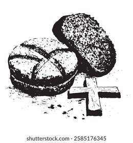 monochrome engraving of fresh bread with a cross, symbolizing faith, tradition, and nourishment, ideal for vintage-style branding and religious projects