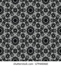 Monochrome engraving pattern. Hexagonal symmetry. Seamless abstract texture for certificate or diploma, currency and money design. Single-leaf woodcut, xylography, printmaking. Vector Illustration