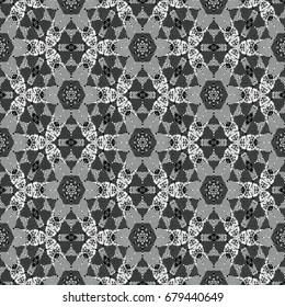 Monochrome engraving pattern. Hexagonal symmetry. Seamless abstract texture for certificate or diploma, currency and money design. Single-leaf woodcut, xylography, printmaking. Vector Illustration