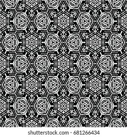 Monochrome engraving pattern. Hexagonal symmetry. Seamless abstract texture for certificate or diploma, currency and money design. Single-leaf woodcut, xylography, printmaking. Vector Illustration