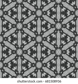 Monochrome engraving pattern. Hexagonal symmetry. Seamless abstract texture for certificate or diploma, currency and money design. Single-leaf woodcut, xylography, printmaking. Vector Illustration