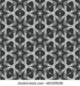 Monochrome engraving pattern. Hexagonal symmetry. Seamless abstract texture for certificate or diploma, currency and money design. Single-leaf woodcut, xylography, printmaking. Vector Illustration