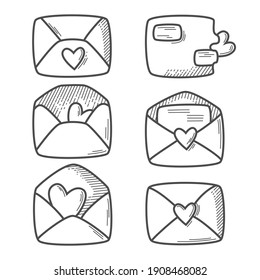 Monochrome envelope with hearts icon set isolated on a white background. Gray outline lock vector illustration, simple tenplate for typography and graphic design.
