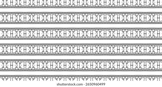 Monochrome ethnic-inspired linear pattern with bird-like abstract figures in symmetry. Ideal for backgrounds, fabric design, or creative surface art.