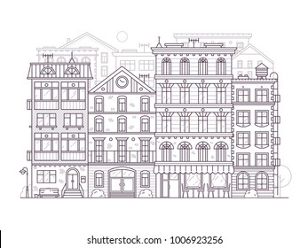 Monochrome Europe city street scene with old european houses facades. Modern town neighborhood skyline with old townhouse residential buildings in line art. Outline San Francisco cityscape background.