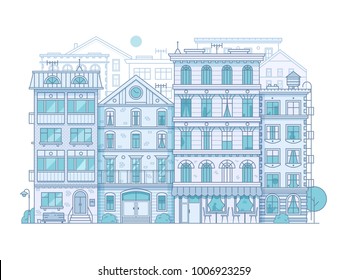 Monochrome Europe city street scene with old european houses facades. Modern town neighborhood skyline with old townhouse residential buildings in line art. Outline San Francisco cityscape background.