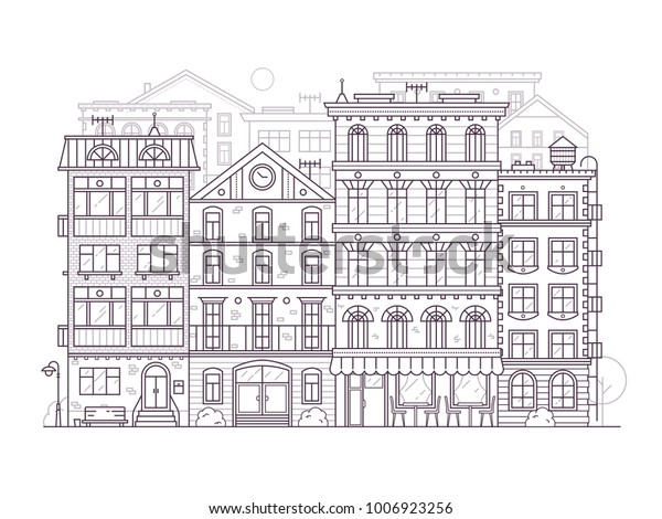 ヨーロッパの白黒の街並みとヨーロッパの古い家並みが見える ラインアートの背景に古い町の町並みの高層ビルと古い町の住宅街 サンフランシスコの町並みの背景 の輪郭 のベクター画像素材 ロイヤリティフリー