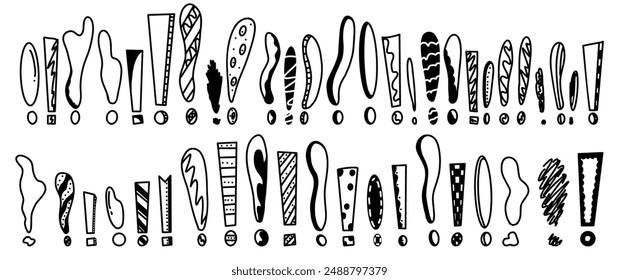 Monochrome exclamation marks sketch icons in vector format. Hand-drawn icons in linear sketch style emphasizing artistic presentation on white background