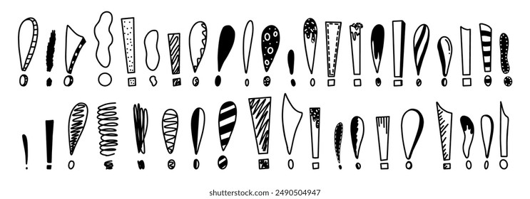 Signos de exclamación monocromáticos para los iconos de bocetos en formato de Vector. Iconos dibujados a mano en estilo de boceto lineal que enfatizan la presentación artística sobre fondo blanco