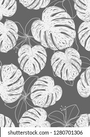 Monochrome exotic seamless pattern with tropical leaves. Black and white leaves. Floral background.