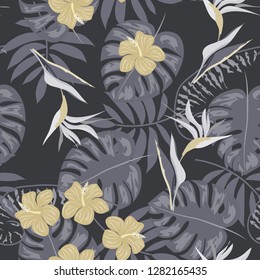 Monochrome exotische nahtlose Muster mit tropischen Blumen und Blättern. Hibiskus blüht.